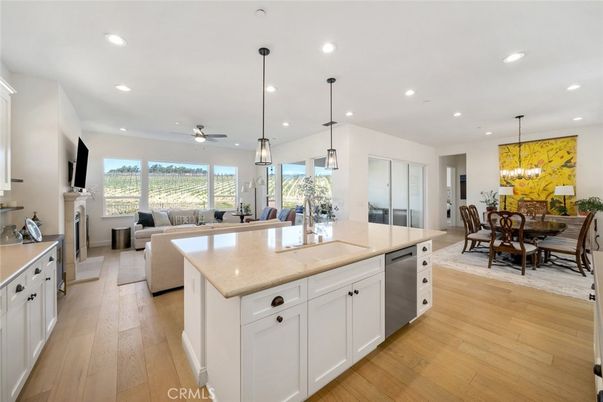 Dining room, Fireplace, Interior, Kitchen, Living room, Pendant Lights, Recessed Lighting, Stainless Steel Appliances, Wood Texture Flooring