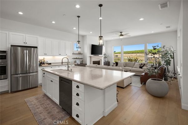 Fireplace, Interior, Kitchen, Living room, Pendant Lights, Recessed Lighting, Stainless Steel Appliances, Wood Texture Flooring