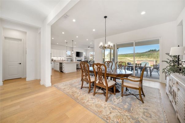 Dining room, Interior, Kitchen, Pendant Lights, Recessed Lighting, Wood Texture Flooring