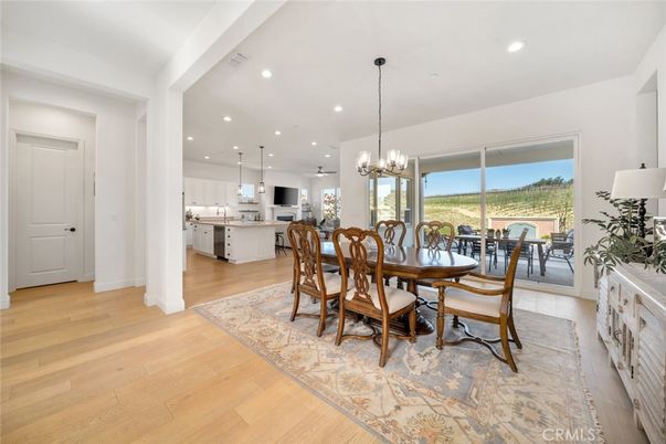 Dining room, Interior, Kitchen, Pendant Lights, Recessed Lighting, Wood Texture Flooring