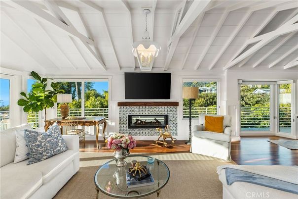 Fireplace, Interior, Living room, Pendant Lights, Water, Wood Texture Flooring
