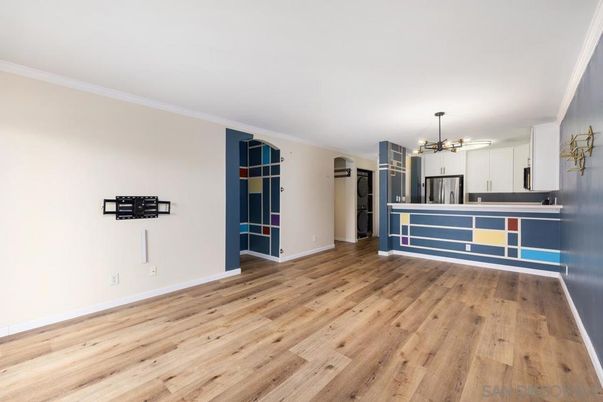 Chandelier, Empty room, Interior, Kitchen, Stainless Steel Appliances, Wood Texture Flooring