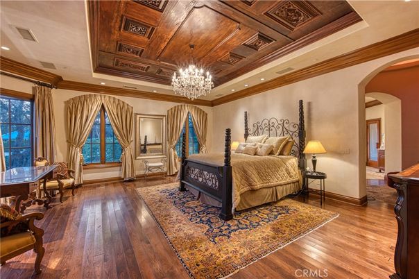 Bedroom, Chandelier, Interior, Recessed Lighting, Wooden Ceilings, Wood Texture Flooring