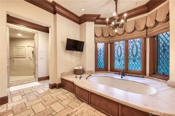 Bathroom, Chandelier, Glass Shower, Interior, Recessed Lighting
