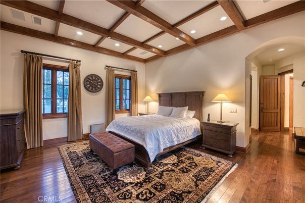 Bedroom, Interior, Recessed Lighting, Wooden Beams, Wood Texture Flooring