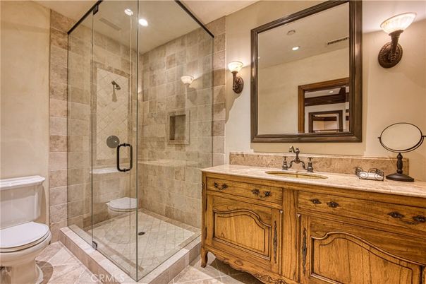 Bathroom, Glass Shower, Interior, Recessed Lighting, Stone Walls