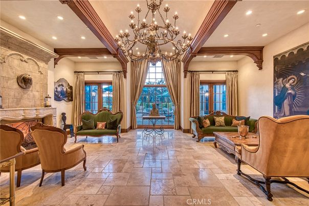 Chandelier, Interior, Living room, Recessed Lighting, Stone Walls
