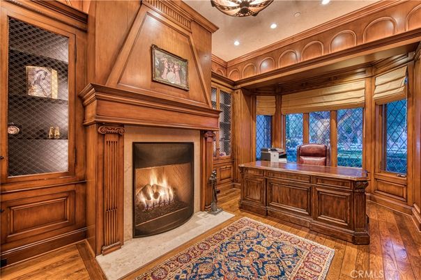 Fireplace, Home Office, Interior, Recessed Lighting, Wood Texture Flooring, Wooden Walls