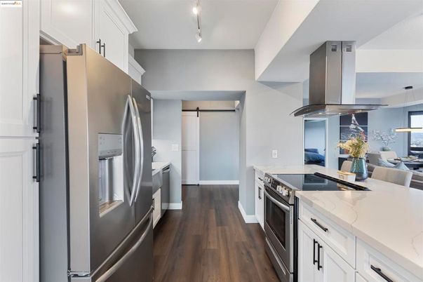 Interior, Kitchen, Pendant Lights, Stainless Steel Appliances, Wood Texture Flooring
