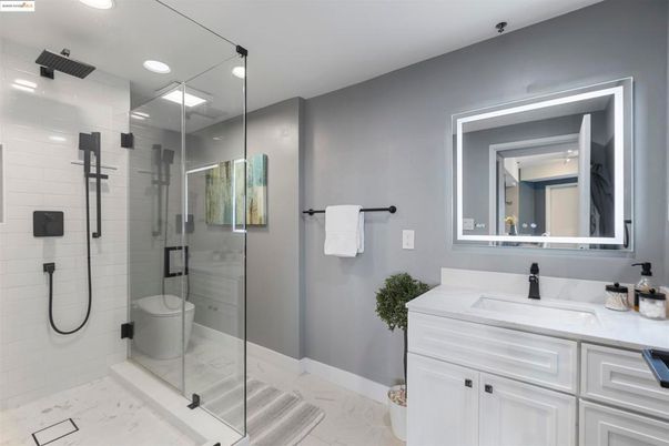 Bathroom, Glass Shower, Interior, Marble, Recessed Lighting