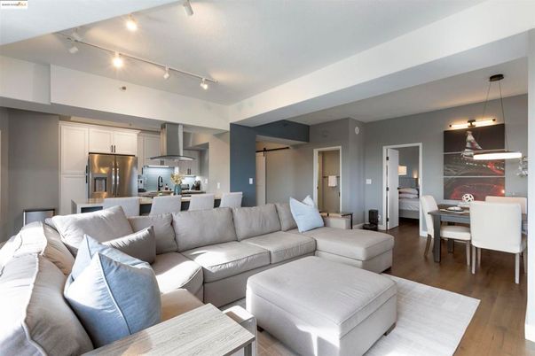 Dining room, Interior, Kitchen, Living room, Pendant Lights, Stainless Steel Appliances, Wood Texture Flooring