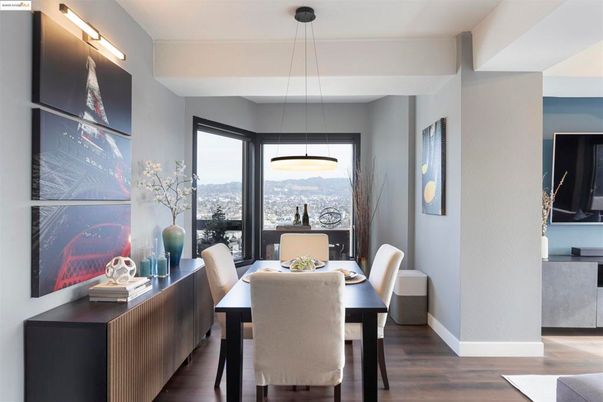 Dining room, Interior, Pendant Lights, Wood Texture Flooring