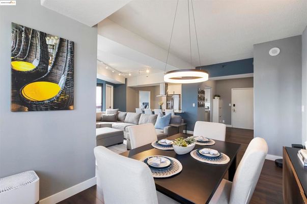 Dining room, Interior, Living room, Pendant Lights, Recessed Lighting, Wood Texture Flooring