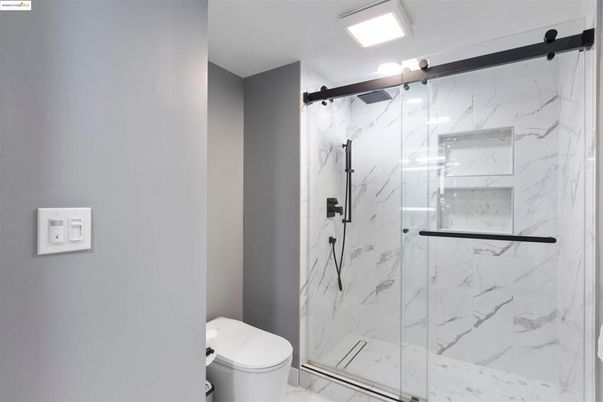 Bathroom, Glass Shower, Interior, Marble, Marble Walls, Recessed Lighting