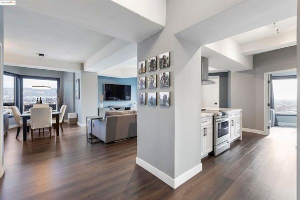 Dining room, Interior, Kitchen, Living room, Pendant Lights, Stainless Steel Appliances, Wood Texture Flooring