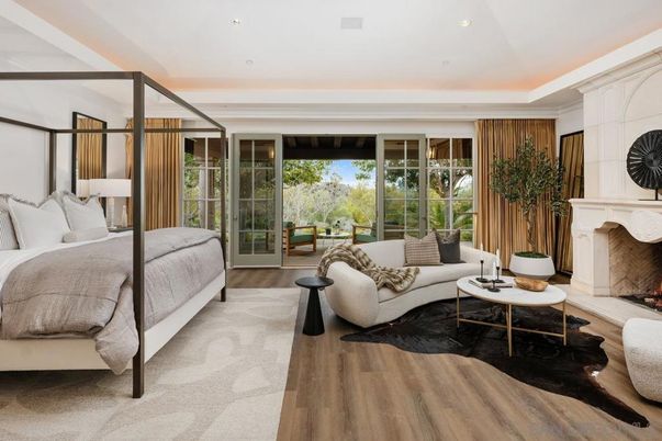 Bedroom, Fireplace, Interior, Living room, Recessed Lighting, Wood Texture Flooring