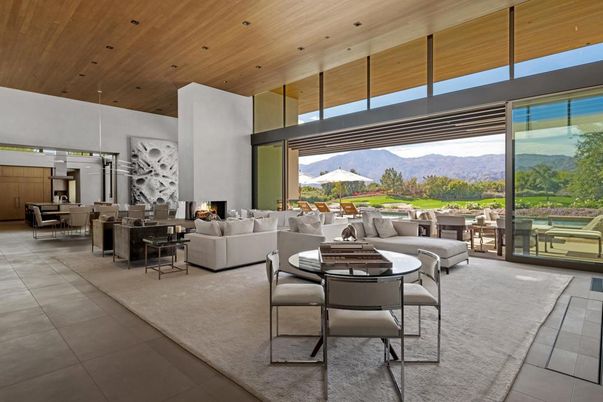 Dining room, Fireplace, Interior, Living room, Pendant Lights, Recessed Lighting, Wooden Ceilings