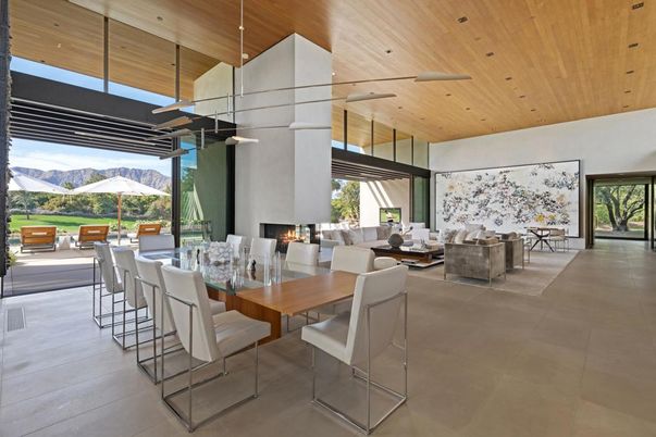 Dining room, Fireplace, Interior, Living room, Pendant Lights, Recessed Lighting, Wooden Ceilings