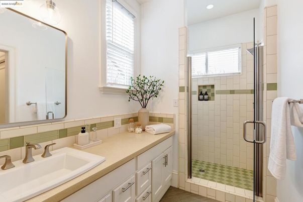 Bathroom, Glass Shower, Interior, Recessed Lighting, Wood Texture Flooring