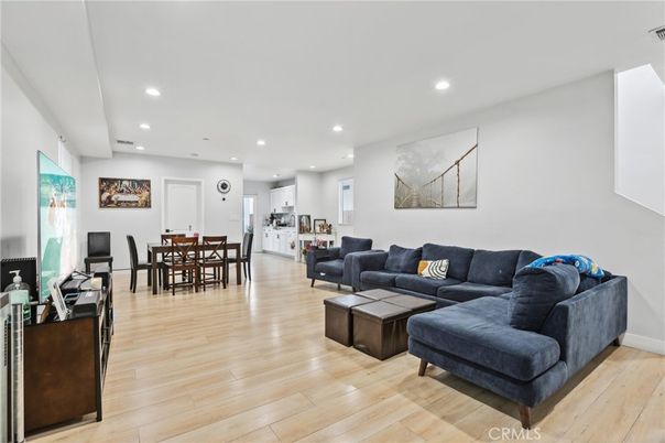 Dining room, Interior, Living room, Recessed Lighting, Wood Texture Flooring