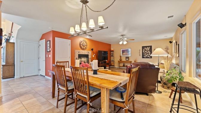 Dining room, Fireplace, Interior, Pendant Lights
