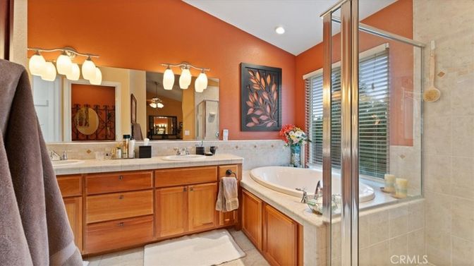 Bathroom, Dual Sink Vanities, Glass Shower, Interior, Recessed Lighting, Tile Countertops