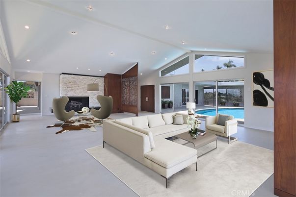 Fireplace, Interior, Living room, Recessed Lighting, Stone Walls