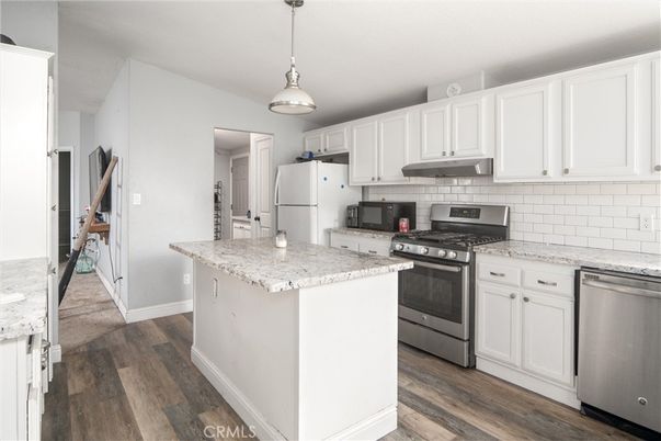 Interior, Kitchen, Pendant Lights, Stainless Steel Appliances, Wood Texture Flooring
