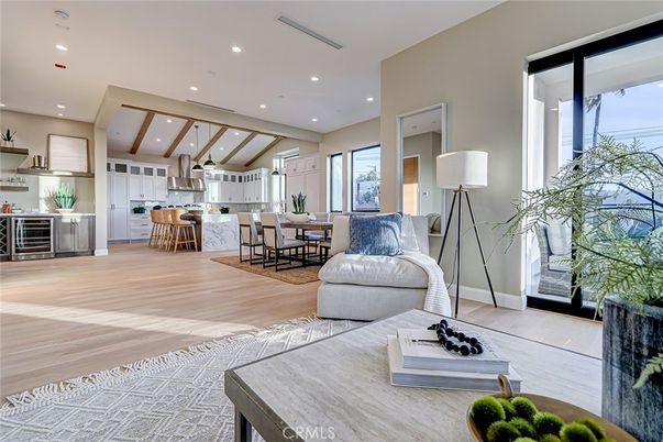Dining room, Interior, Kitchen, Living room, Recessed Lighting, Stainless Steel Appliances, Wood Texture Flooring