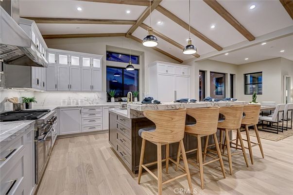 Dining room, Interior, Kitchen, Pendant Lights, Recessed Lighting, Stainless Steel Appliances, Wooden Beams, Wood Texture Flooring