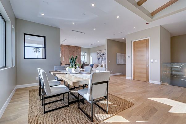 Dining room, Interior, Recessed Lighting, Wood Texture Flooring