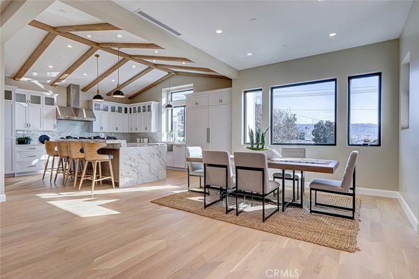 Dining room, Interior, Kitchen, Recessed Lighting, Stainless Steel Appliances, Wooden Beams, Wood Texture Flooring