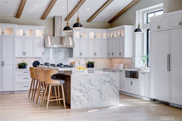 Interior, Kitchen, Marble Walls, Pendant Lights, Recessed Lighting, Stainless Steel Appliances, Wooden Beams, Wood Texture Flooring