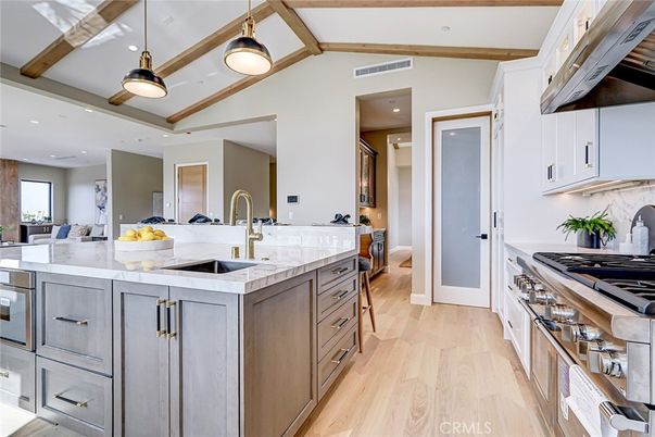 Interior, Kitchen, Pendant Lights, Recessed Lighting, Wooden Beams, Wood Texture Flooring