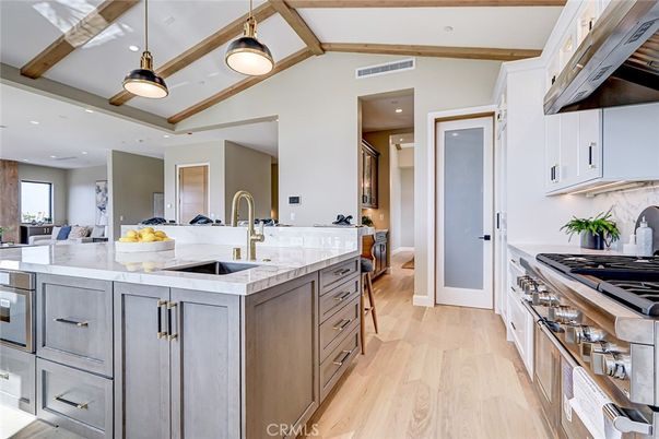Interior, Kitchen, Pendant Lights, Recessed Lighting, Wooden Beams, Wood Texture Flooring