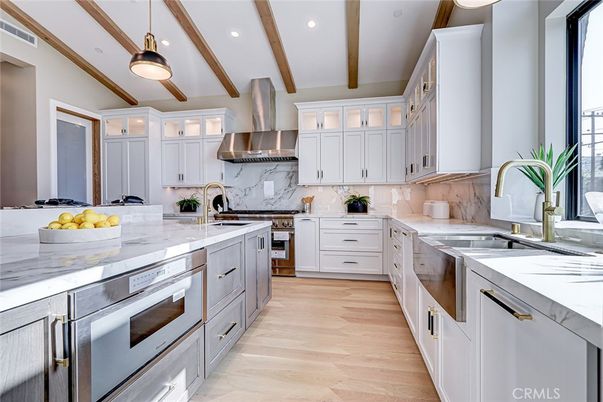 Interior, Kitchen, Pendant Lights, Recessed Lighting, Stainless Steel Appliances, Wooden Beams, Wood Texture Flooring