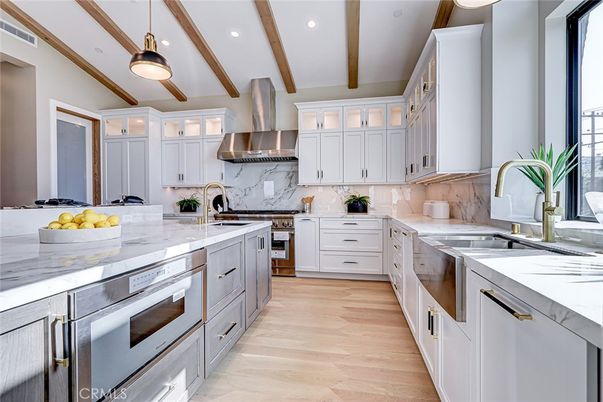 Interior, Kitchen, Pendant Lights, Recessed Lighting, Stainless Steel Appliances, Wooden Beams, Wood Texture Flooring