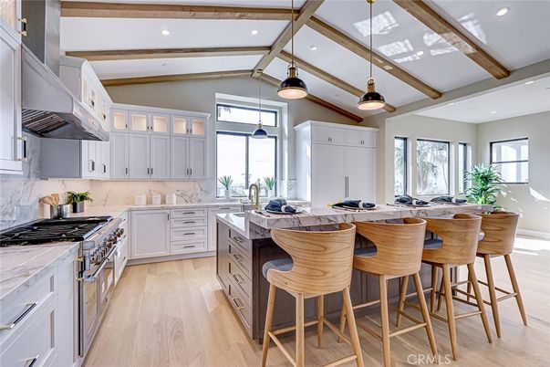 Interior, Kitchen, Pendant Lights, Recessed Lighting, Stainless Steel Appliances, Wooden Beams, Wood Texture Flooring