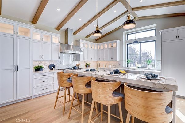 Interior, Kitchen, Pendant Lights, Recessed Lighting, Stainless Steel Appliances, Wooden Beams, Wood Texture Flooring