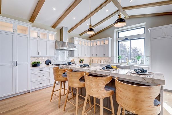 Interior, Kitchen, Pendant Lights, Recessed Lighting, Stainless Steel Appliances, Wooden Beams, Wood Texture Flooring