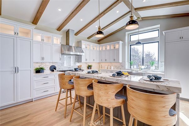 Interior, Kitchen, Pendant Lights, Recessed Lighting, Stainless Steel Appliances, Wooden Beams, Wood Texture Flooring