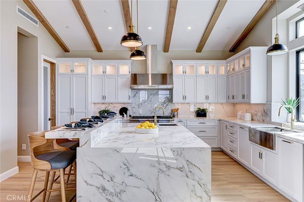 Interior, Kitchen, Pendant Lights, Recessed Lighting, Stainless Steel Appliances, Wooden Beams, Wood Texture Flooring