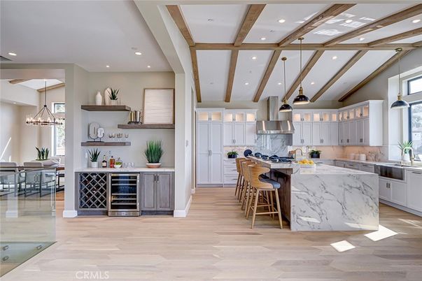 Dining room, Interior, Kitchen, Pendant Lights, Recessed Lighting, Stainless Steel Appliances, Wooden Beams, Wood Texture Flooring