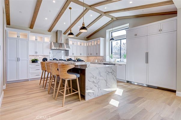 Interior, Kitchen, Pendant Lights, Recessed Lighting, Stainless Steel Appliances, Wooden Beams, Wood Texture Flooring