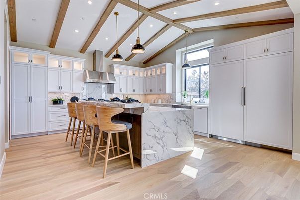 Interior, Kitchen, Pendant Lights, Recessed Lighting, Stainless Steel Appliances, Wooden Beams, Wood Texture Flooring