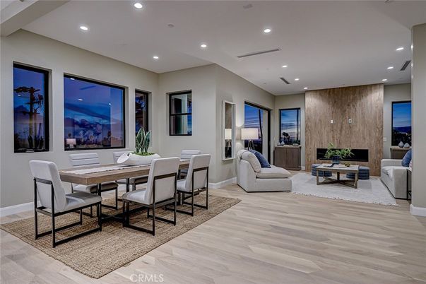 Dining room, Fireplace, Interior, Living room, Recessed Lighting, Wood Texture Flooring, Wooden Walls