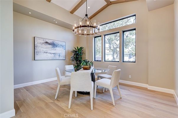 Dining room, Interior, Pendant Lights, Recessed Lighting, Wooden Beams, Wood Texture Flooring