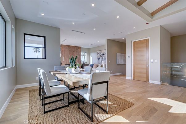 Dining room, Interior, Recessed Lighting, Wood Texture Flooring