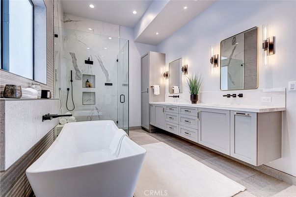 Bathroom, Dual Sink Vanities, Free Standing Baths, Glass Shower, Interior, Marble Walls, Recessed Lighting