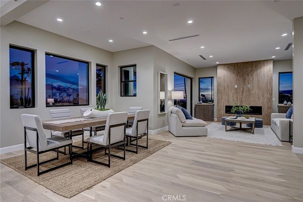 Dining room, Fireplace, Interior, Living room, Recessed Lighting, Wood Texture Flooring, Wooden Walls